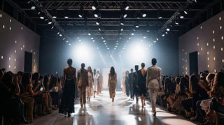 Una foto scattata da dietro le quinte di una sfilata di moda, che mostra le modelle di spalle mentre percorrono una passerella illuminata da potenti riflettori. Il pubblico è seduto nell'oscurità ai lati.